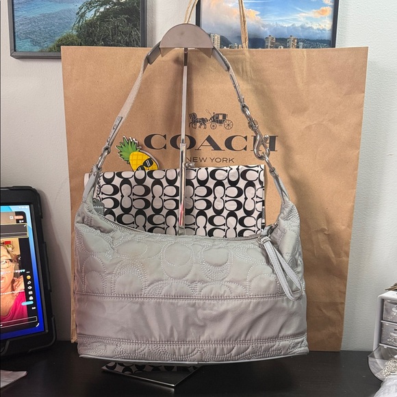 Coach Light Grey Silver Quilted Nylon Signature Hobo Bag - Picture 5 of 14